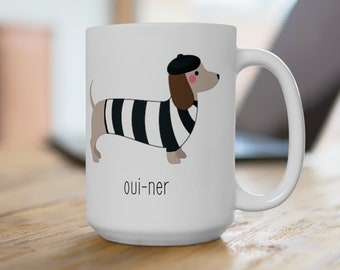 Crème Oui-ner mok, Franse Wiener Dog keramische mok, 15oz mok, crèmekleurige teckel mok, heldere crème teckel mok, Doxie Mama cadeau