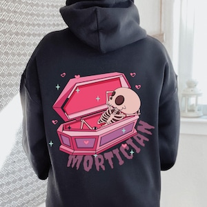 Mortician Hoodie, Cute Skeleton Hoodie, Pink Casket Hoodie, Gift For Mortician, Gift For Funeral Director, Dark Humor Mortician Hoodie