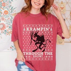 Comfort Colors Krampin&#39; Through The Snow T-shirt, Ugly Christmas Tshirt, Krampus Christmas Tee, Funny Dark Humor Tshirt, Horror Christmas