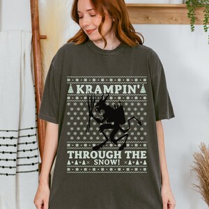 Comfort Colors Krampin&#39; Through The Snow T-shirt, Ugly Christmas Tshirt, Krampus Christmas Tee, Funny Dark Humor Tshirt, Horror Christmas