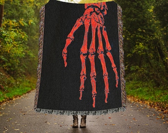 Skeleton Hand Woven Blanket, Sci Fi Skeleton Blanket, Goth Gift Ideas, Skeleton Cotton Throw, Goth Home Decor, Black Woven Blanket
