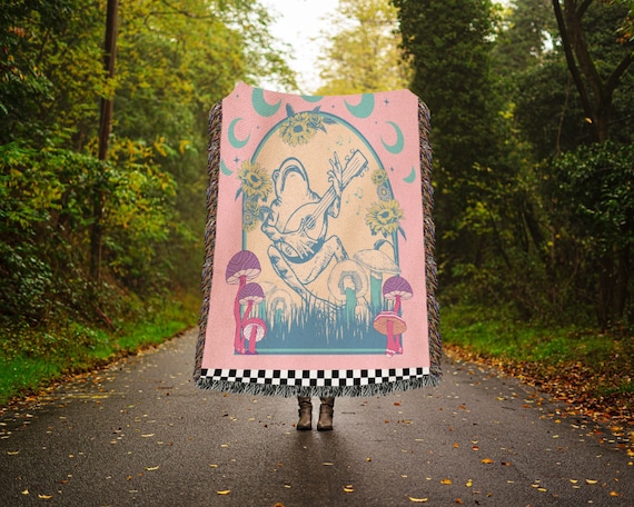 Frog Woven Blanket, Pink Cottagecore Frog Blanket, Frog And Banjo Throw, Frog Lover Gift, Cute Pink Forest Creature Blanket For Dorm Decor