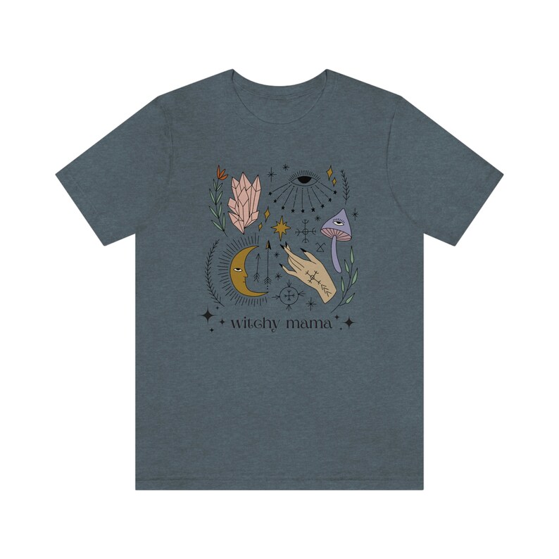 Witchy Mama Tshirt, Witch Mom Shirt, Mystical Mom Shirt, New Mom Gift, Crystals and Mushrooms Mama Tshirt, Mother's Day Gift For Witchy Mama Heather Slate