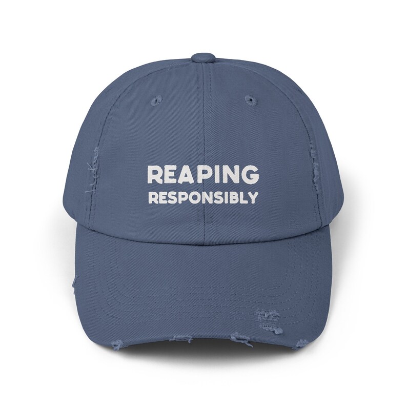 Reaping Responsibly Unisex Distressed Cap, Funny Hat For Mortician Gift, Sarcastic Hat For Funeral Director, Mortuary Science Gift Scotland Blue