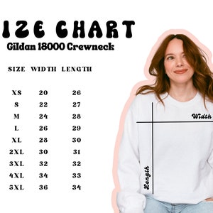 May include: Size chart for Gildan 18000 Crewneck sweatshirts. The chart shows the width and length in inches for sizes XS to 5XL.