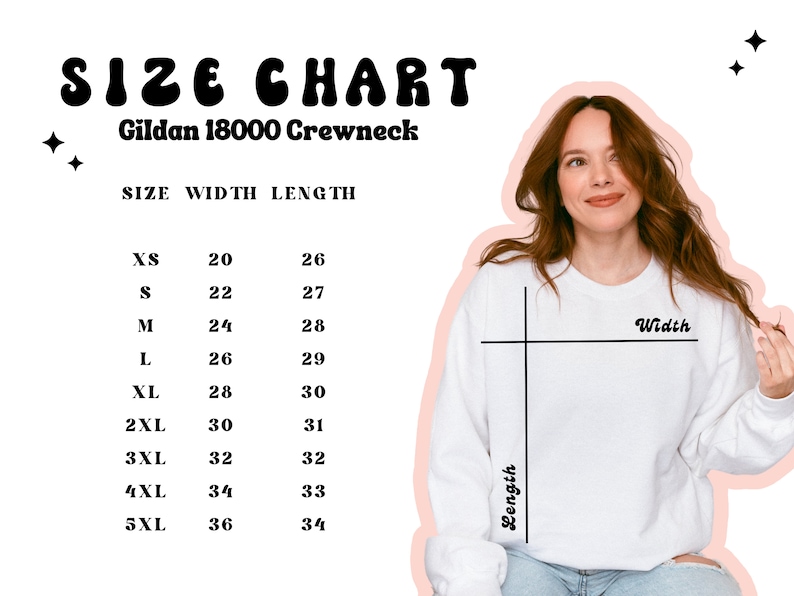 May include: Size chart for Gildan 18000 Crewneck sweatshirts. The chart shows the width and length in inches for sizes XS to 5XL.