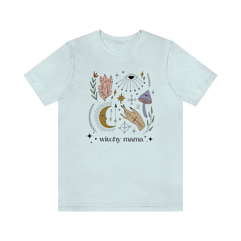 Witchy Mama Tshirt, Witch Mom Shirt, Mystical Mom Shirt, New Mom Gift, Crystals and Mushrooms Mama Tshirt, Mother's Day Gift For Witchy Mama Heather Ice Blue