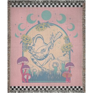 Frog Woven Blanket, Pink Cottagecore Frog Blanket, Frog And Banjo Throw, Frog Lover Gift, Cute Pink Forest Creature Blanket For Dorm Decor image 5