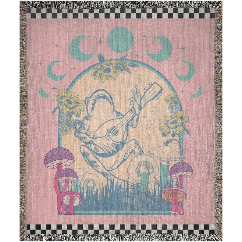 Frog Woven Blanket, Pink Cottagecore Frog Blanket, Frog And Banjo Throw, Frog Lover Gift, Cute Pink Forest Creature Blanket For Dorm Decor image 5