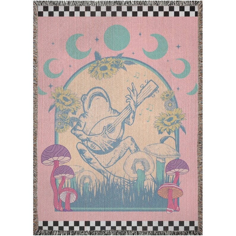 Frog Woven Blanket, Pink Cottagecore Frog Blanket, Frog And Banjo Throw, Frog Lover Gift, Cute Pink Forest Creature Blanket For Dorm Decor image 4