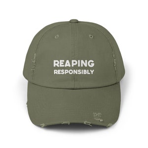Reaping Responsibly Unisex Distressed Cap, Funny Hat For Mortician Gift, Sarcastic Hat For Funeral Director, Mortuary Science Gift Light Olive
