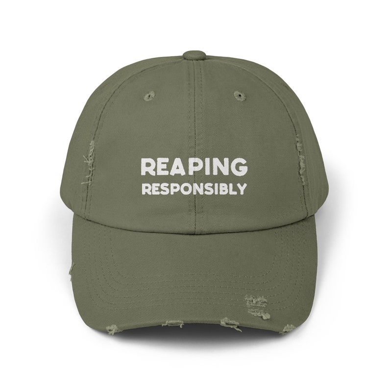 Reaping Responsibly Unisex Distressed Cap, Funny Hat For Mortician Gift, Sarcastic Hat For Funeral Director, Mortuary Science Gift Light Olive