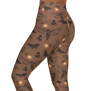 Fireflies And Moths High Waisted Leggings, Moth Leggings, Butterfly Leggings, Cute Bug Leggings, Witchy Leggings, Unique Gothic Leggings