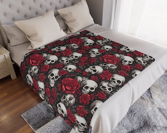 Skull And Roses Blanket, Skull Blanket, Goth Blanket, Skeleton Blanket, Spooky Blanket, Fall Blankets, Dark Gothic Blanket, Occult Blanket