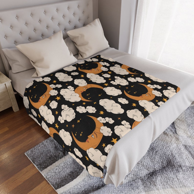 Moon Blanket, Cloud Blanket, Celestial Moon And Cloud Blanket, Witchy Gift, Celestial Decor For Housewarming, Night Sky Blanket image 4