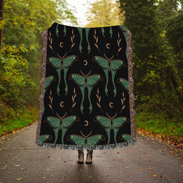 Luna Moth Woven Blanket, Insect Lover Blanket, Moth Lover Gift, Witchy Blanket, Dark Cottagecore Woven Moth Blanket, Moth Pattern Blanket