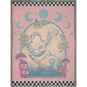 Frog Woven Blanket, Pink Cottagecore Frog Blanket, Frog And Banjo Throw, Frog Lover Gift, Cute Pink Forest Creature Blanket For Dorm Decor image 6