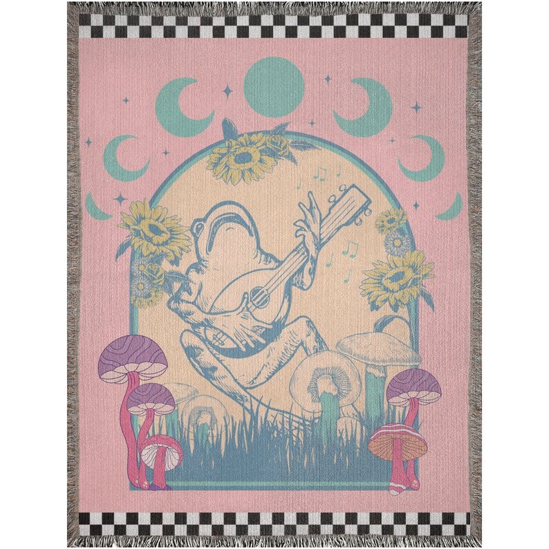 Frog Woven Blanket, Pink Cottagecore Frog Blanket, Frog And Banjo Throw, Frog Lover Gift, Cute Pink Forest Creature Blanket For Dorm Decor image 6