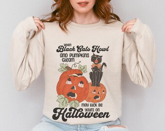 Vintage Pumpkin And Cat Sweatshirt, Retro Design Spooky Pumpkin, Spooky Season Sweatshirt, Halloween Cat Sweater, Spooky Cat Sweater