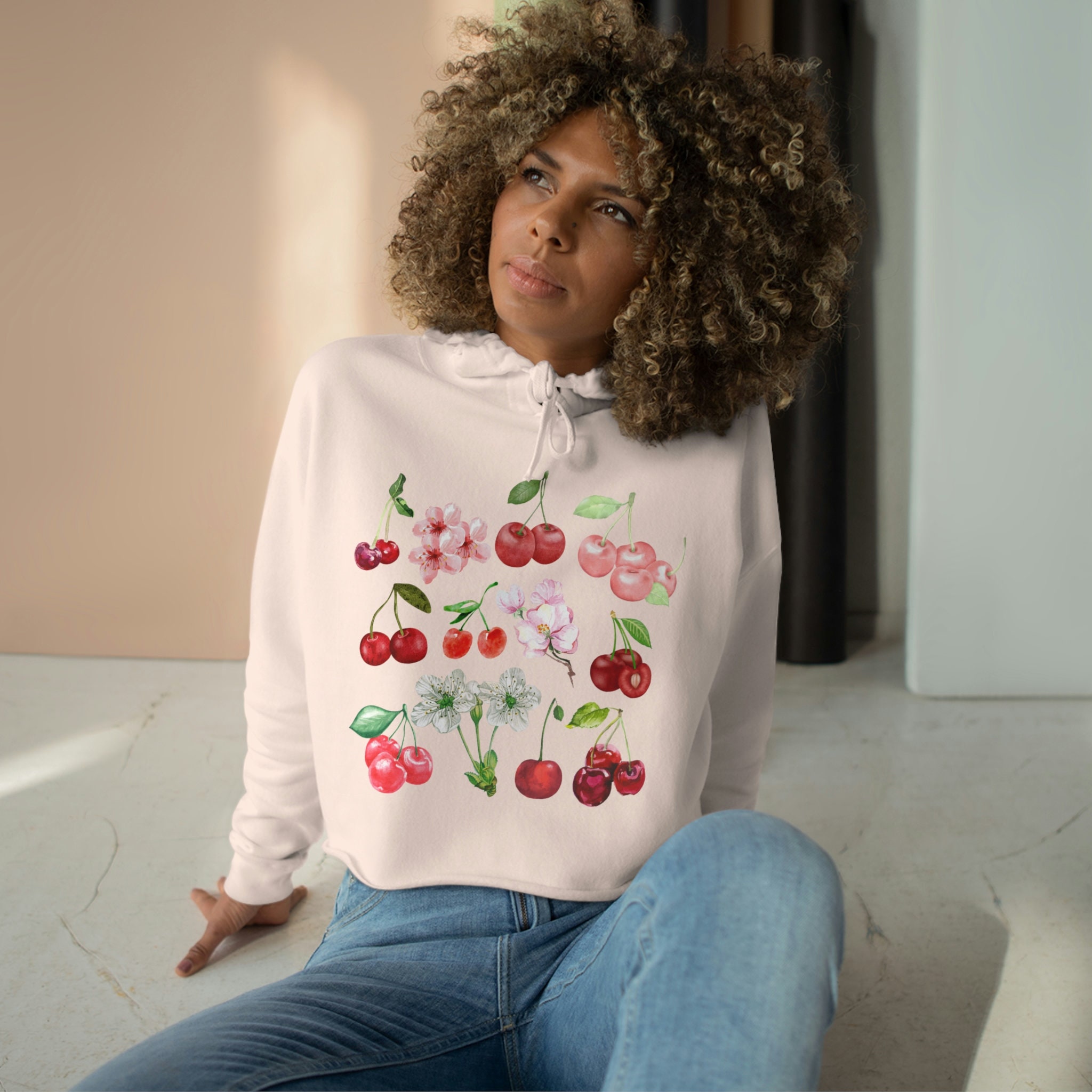 Cherry Cropped Hoodie, Watercolor Maraschino Cherries Crop Hoodie