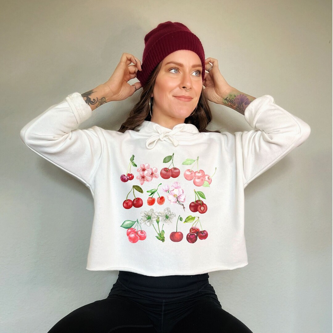 Cherry Cropped Hoodie, Watercolor Maraschino Cherries Crop Hoodie