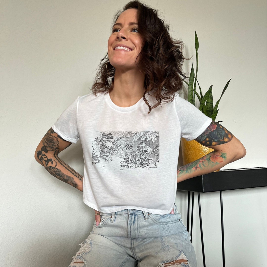 Vintage Storytelling Frog Women's Flowy Cropped Tee, Frogs Tee, Frog ...