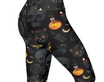 Skull And Black Cat High Waisted Yoga Leggings, Witchy Leggings, Gothic Leggings, Black Leggings, High Waisted Plus Size Leggings, Skull