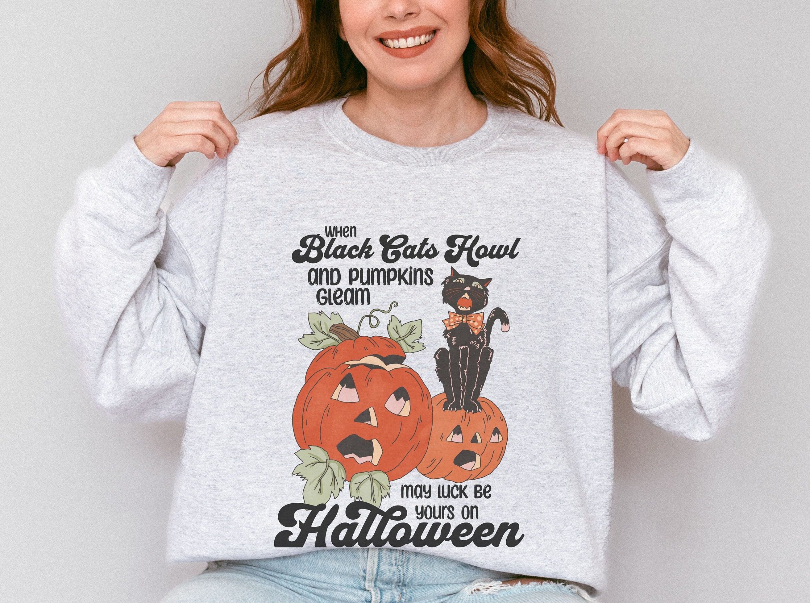 Discover Vintage Pumpkin And Cat Sweatshirt, Retro Design Spooky Pumpkin, Spooky Season Sweatshirt, Halloween Cat Sweater, Spooky Cat Sweater
