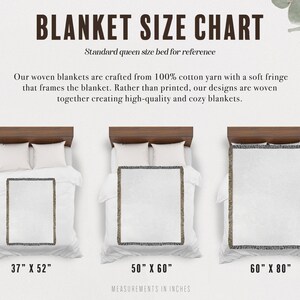 May include: A chart showing three different sizes of woven blankets with fringe. The blanket sizes are 37 inches by 52 inches, 50 inches by 60 inches, and 60 inches by 80 inches. The chart also includes the text "BLANKET SIZE CHART" and "Standard queen size bed for reference".