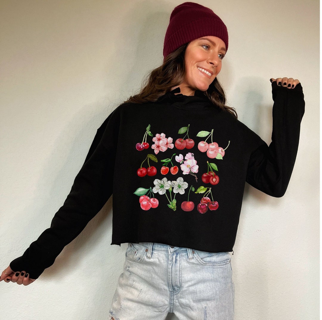Cherry Cropped Hoodie, Watercolor Maraschino Cherries Crop Hoodie for ...