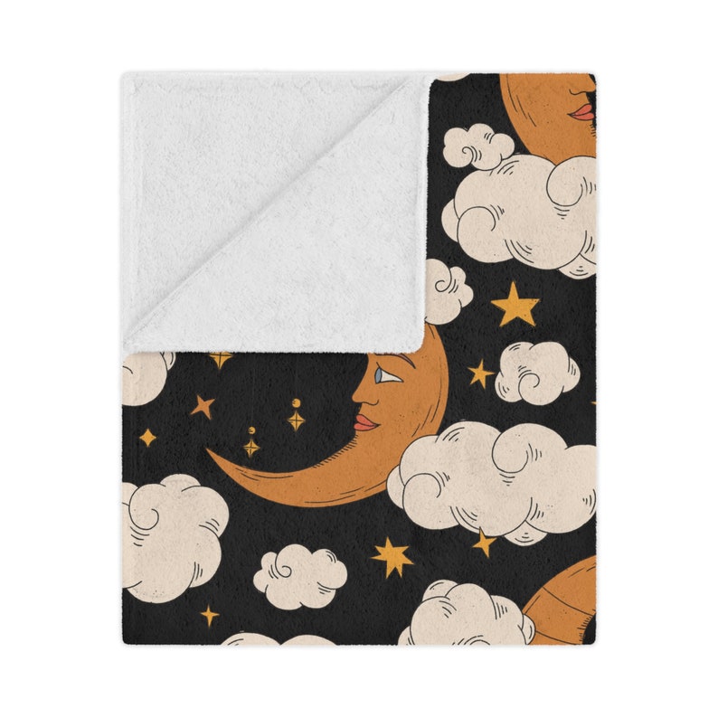 Moon Blanket, Cloud Blanket, Celestial Moon And Cloud Blanket, Witchy Gift, Celestial Decor For Housewarming, Night Sky Blanket image 3