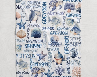 Custom Sea Animals Blanket, Boy Ocean Name Swaddle, Made with Love, Turtle Swaddle, New Mom Gift, Newborn Gift, Ocean Baby Shower Gift