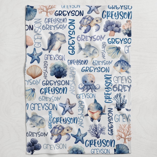 Custom Sea Animals Blanket, Boy Ocean Name Swaddle, Made with Love, Turtle Swaddle, New Mom Gift, Newborn Gift, Ocean Baby Shower Gift