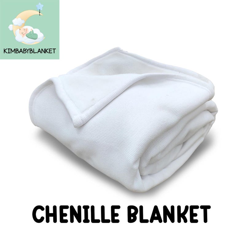 A white, folded CHENILLE BLANKET is shown against a white background.