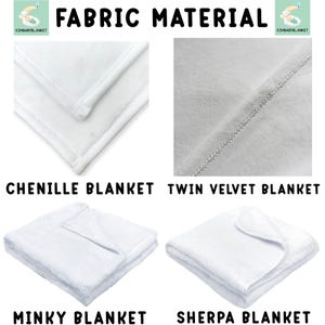 four different fabric materials: Chenille Blanket, Twin Velvet Blanket, Minky Blanket, and Sherpa Blanket, each with a close-up view of the material.