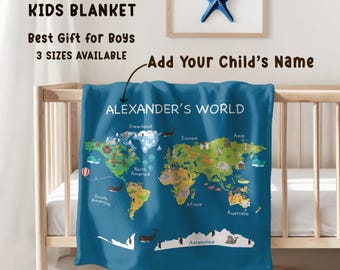 Personalized Kids World Map Blanket, Custom Name Baby Blanket Boy, Educational Toddler Blanket, Baby Shower Gift, Nursery Decor
