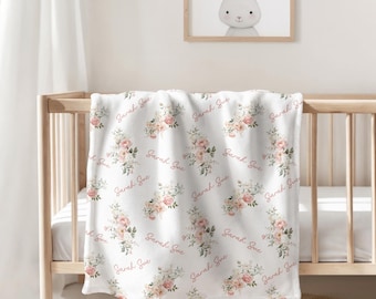Personalized Vintage Flower Baby Blanket, Flower Blanket with name, Blanket for Newborn, Baby Shower Gift