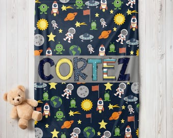 Personalisierte Jungendecke, Decke für Sohn, Weltraum-Decke mit Namen, Babypartygeschenk