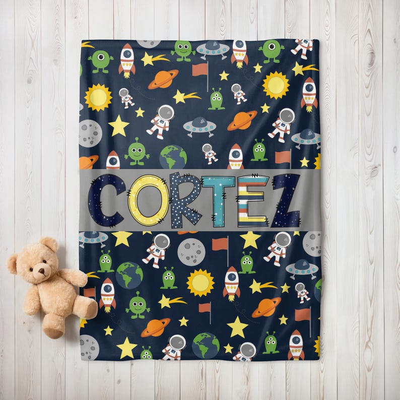 Personalized Boy Blanket, Blanket for Son, Space Blanket with name, Baby Shower gift image 1