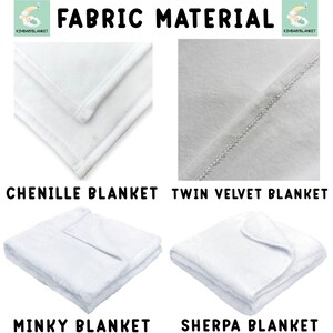 four different fabric materials: Chenille Blanket, Twin Velvet Blanket, Minky Blanket, and Sherpa Blanket, each with a close-up view of the material.
