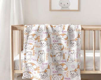Personalized Cat Baby Blanket, Custom Name Kitty Blanket for Girls, Cute Calico Cat Baby Gift, Soft Newborn Blanket, Baby Shower Gift