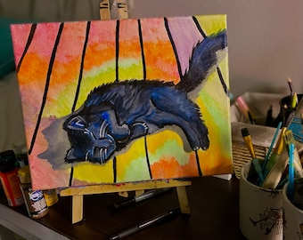 黒猫の絵画、猫アート、猫好きへのギフト、黒の抽象画、キャンバスに
