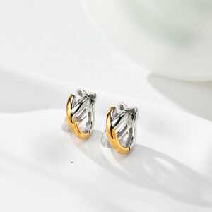 以下が含まれることがあります： シルバーとゴールドのフープイヤリングのペア。イヤリングは、シルバーとゴールドの2つのインターロッキングフープでできています。