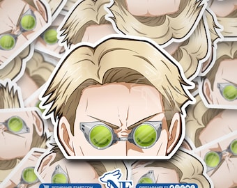 May include: A sticker featuring a stylized illustration of a person with blonde hair and green-tinted glasses. The sticker has a white border and is surrounded by other stickers with the same design. The sticker has the text "RISSARAMBLESART.COM" and "@RISSARAMBLES".
