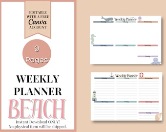 May include: A printable weekly planner with a beach theme. The planner has nine pages and features illustrations of sea creatures such as a whale, seahorse, octopus, and seashells. The text "Weekly Planner" appears at the top of each page.