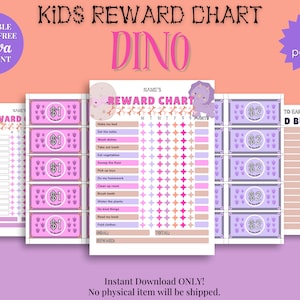 Kids Editable Pink Dino Reward Chart with Reward Bucks, Reward Bucks for Kids, Printable Kids Reward Chart, Reward System, Kids Chore Chart