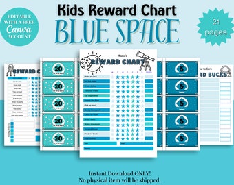 May include: A printable reward chart for kids with a space theme. The chart features a blue and white color scheme with stars and planets. It includes a section for earning "Space Bucks" and a section for tracking daily tasks.