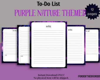 Puede incluir: Una lista de tareas imprimible con un tema de naturaleza púrpura. El diseño presenta un fondo tipo galaxia con colores púrpura y blanco. La imprimible incluye 12 páginas con secciones rayadas para notas y listas de tareas.