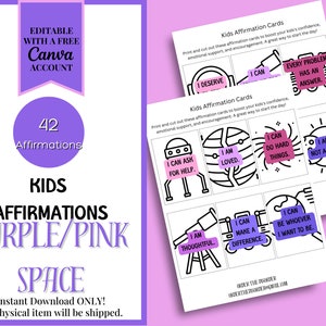 Pink & Lila Space Kids Affirmationskarten, Tägliche Affirmationen, Emotionales Lernen, Stärkung des Selbstwertgefühls - Sofort download