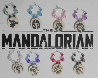 Mandalorian wine charms. Star Wars wine charms.  Beaded wine charms. Drink charms. Wood wine charms. Mando. Grogu. Geek chic. Sets of 8.